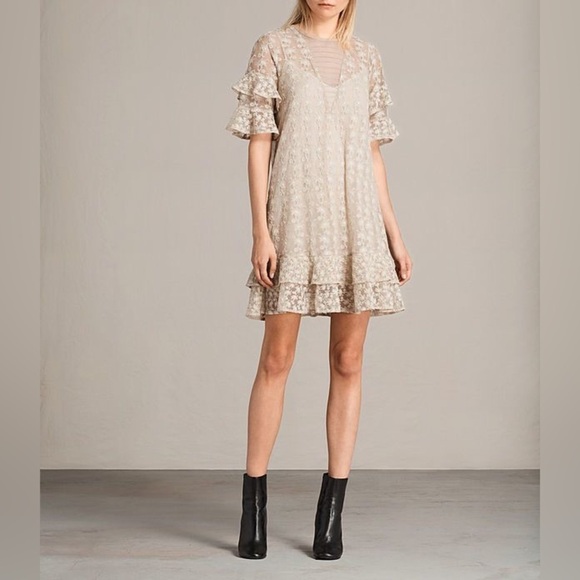 ALL SAINTS • HENRIETTA SHEER LACE RUFFLE DRESS - Picture 1 of 13